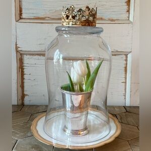 Exquisite French Style Glass Crown Cloche XL -with Antique Porcelain Base, 12”